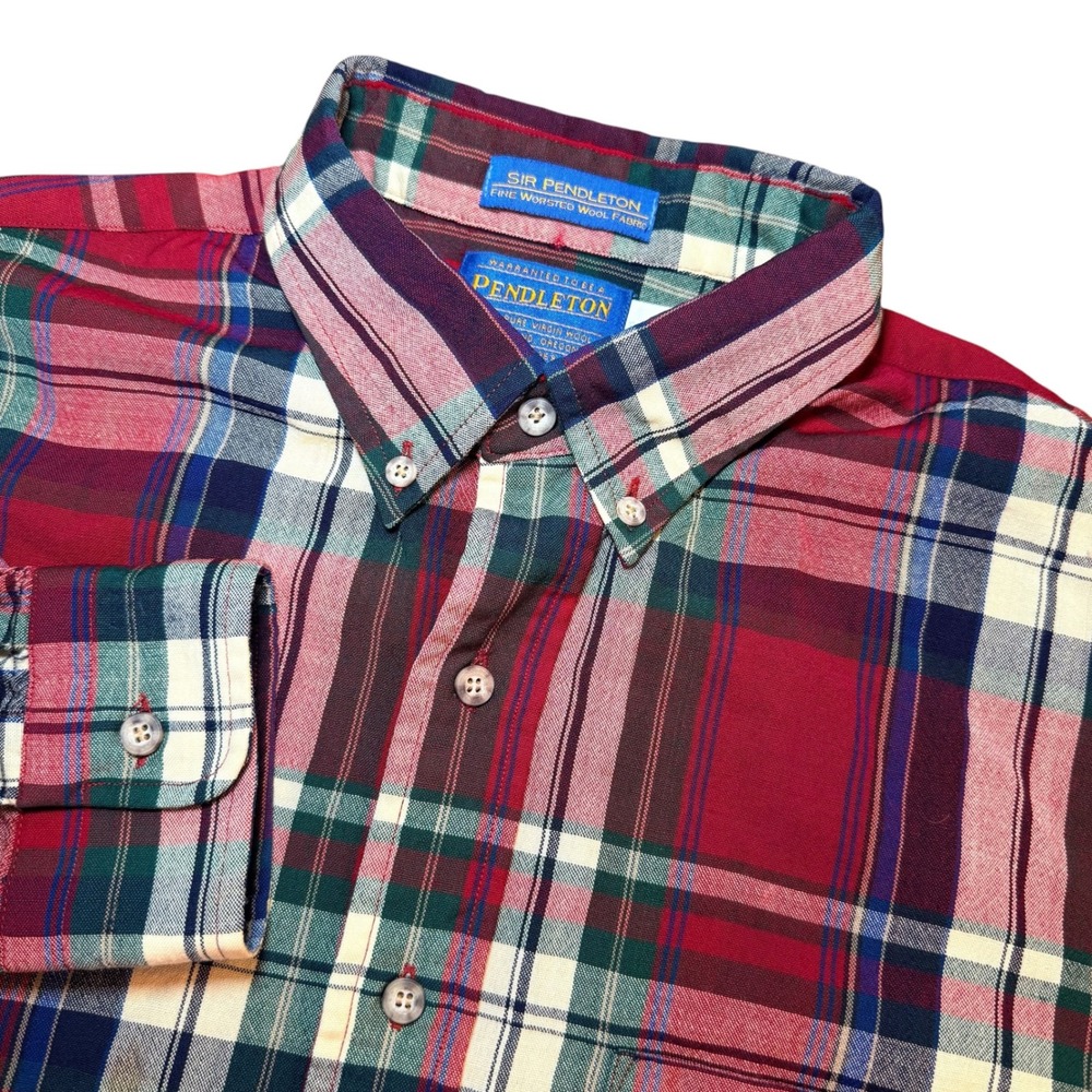 Sir Pendleton Mens Large Red Plaid Worsted Wool Button Down Shirt Long Sleeve